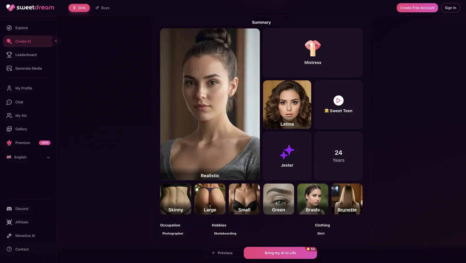 SweetDream AI interface showing the chat and video call experience